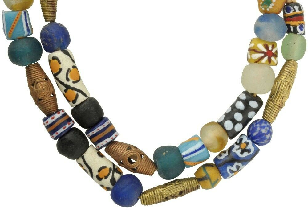 Ashanti Brass Beads Recycled Glass Krobo Handmade Ethnic Jewelry African Trade - zoomed-in detail
