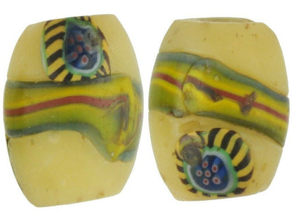 Old African Trade Beads Peacock Millefiori Venetian Glass Beads Banded Oval Pair