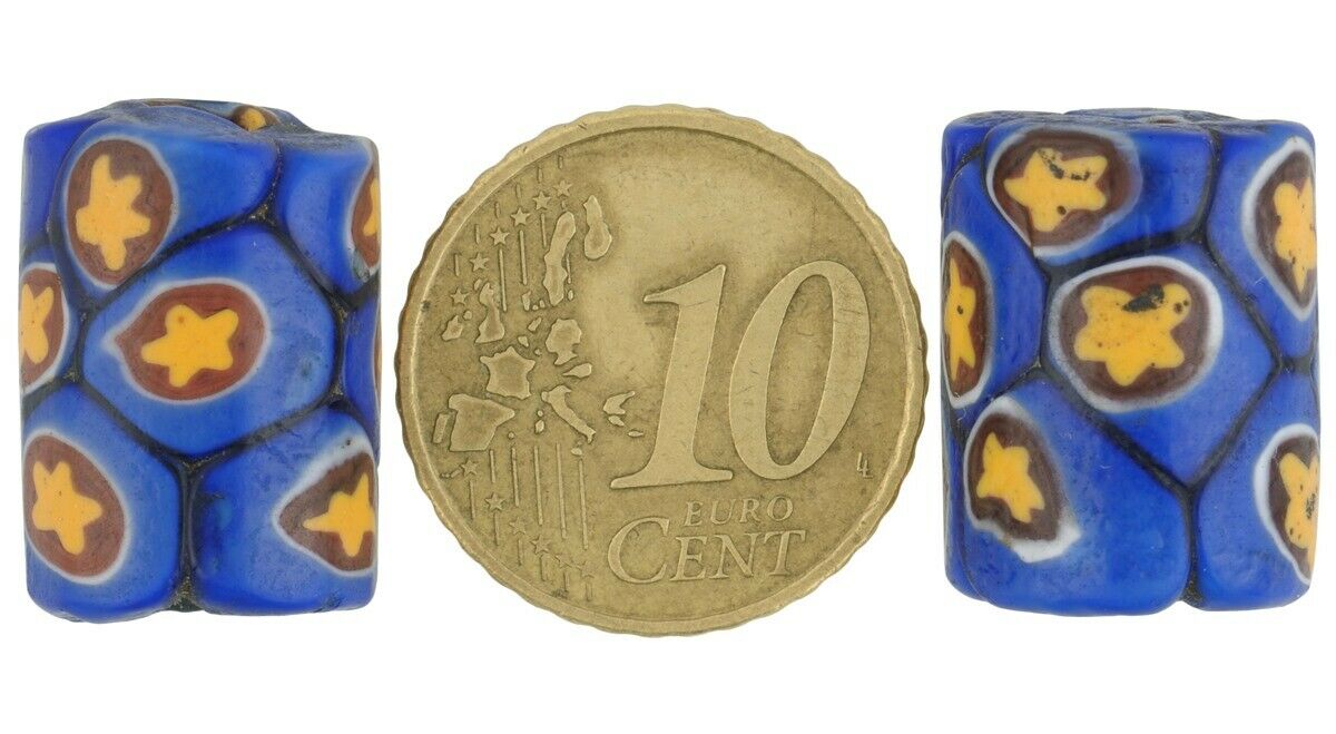Antique African trade beads old Millefiori Venetian mosaic glass large pair rare - Tribalgh