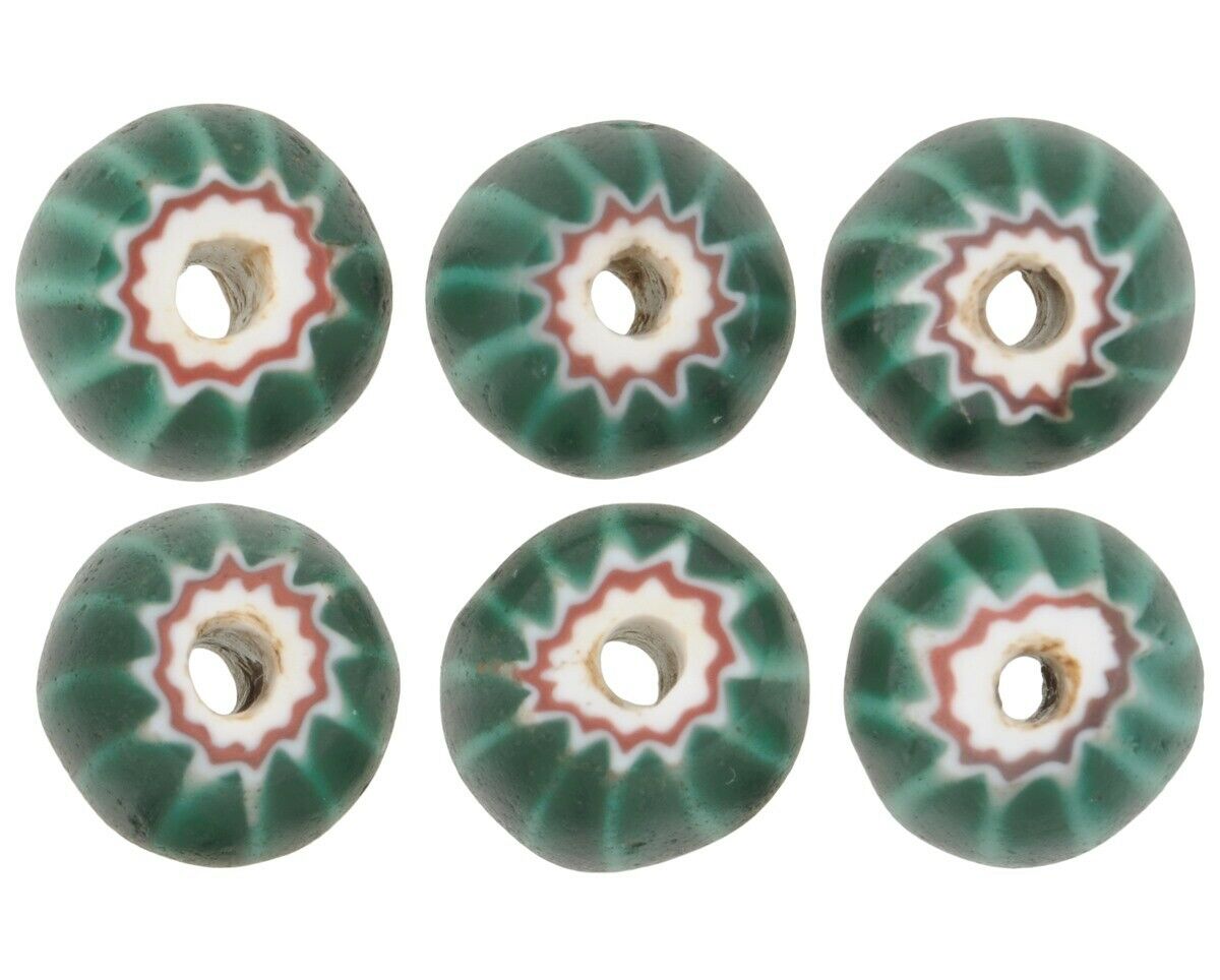 African trade antique chevron Venetian glass beads old green 4 layers Ghana - Tribalgh