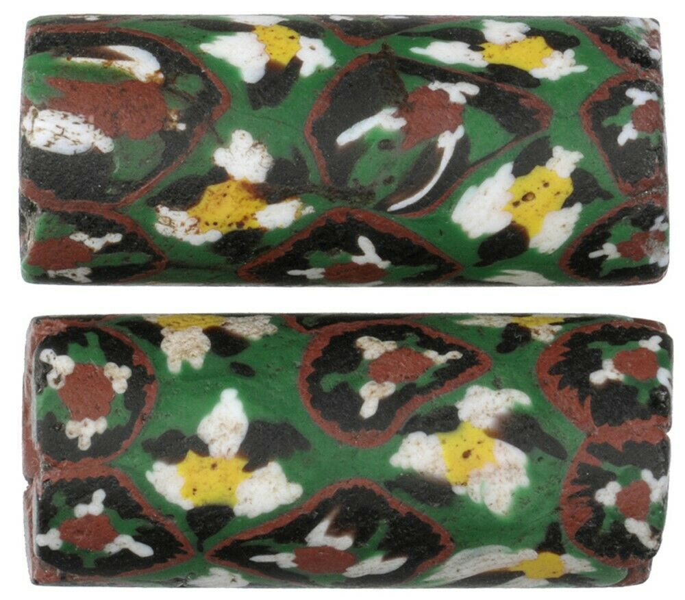 Antique African trade beads millefiori Venetian glass large Murano mosaic pair - Tribalgh