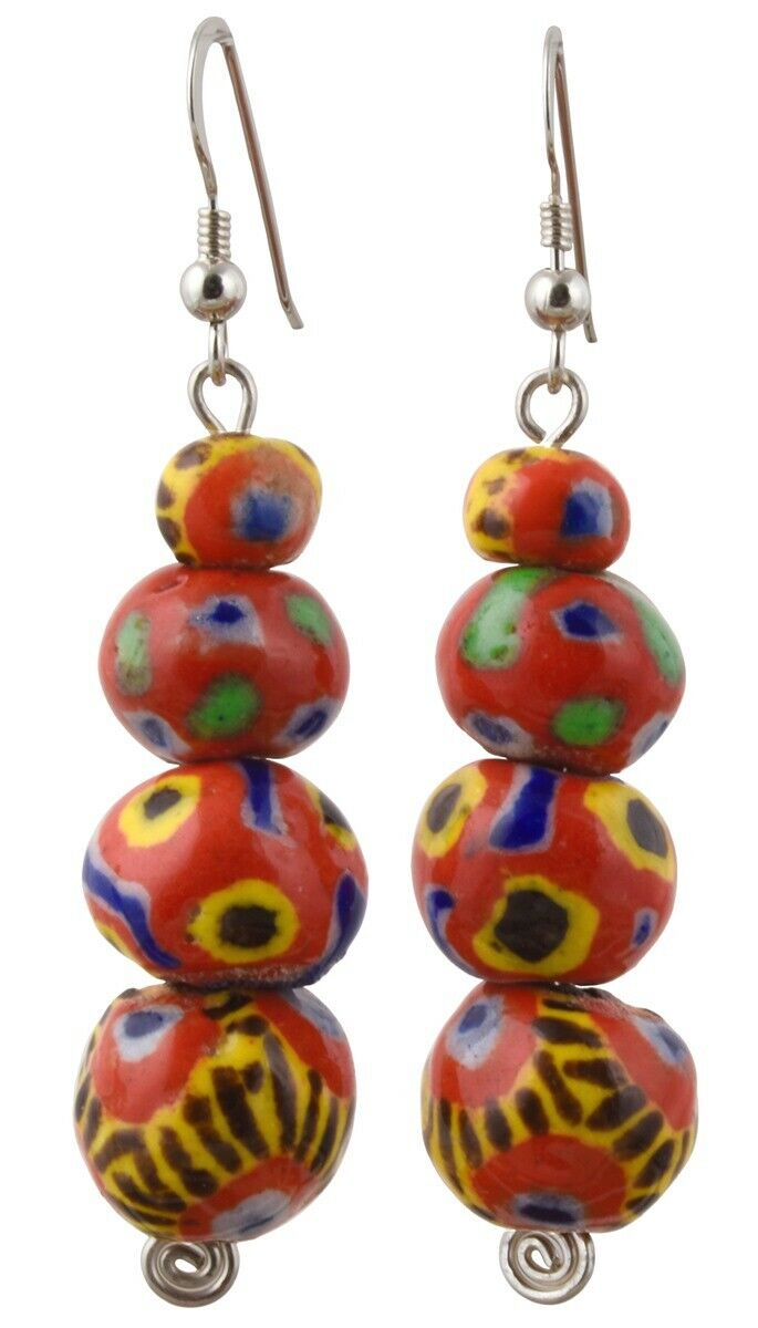 Handmade Kiffa Glass Beads Earrings 925 Sterling Silver African Ethnic Jewelry