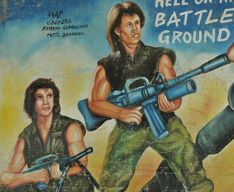 Hand painted Movie Cinema poster African Ghana flour sack HELL ON BATTLE GROUND - Tribalgh