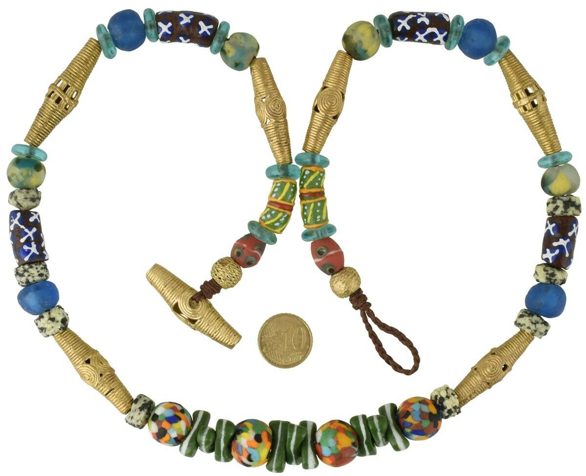 Handmade necklace brass recycled glass beads Krobo Ghana Ashanti African trade - Tribalgh