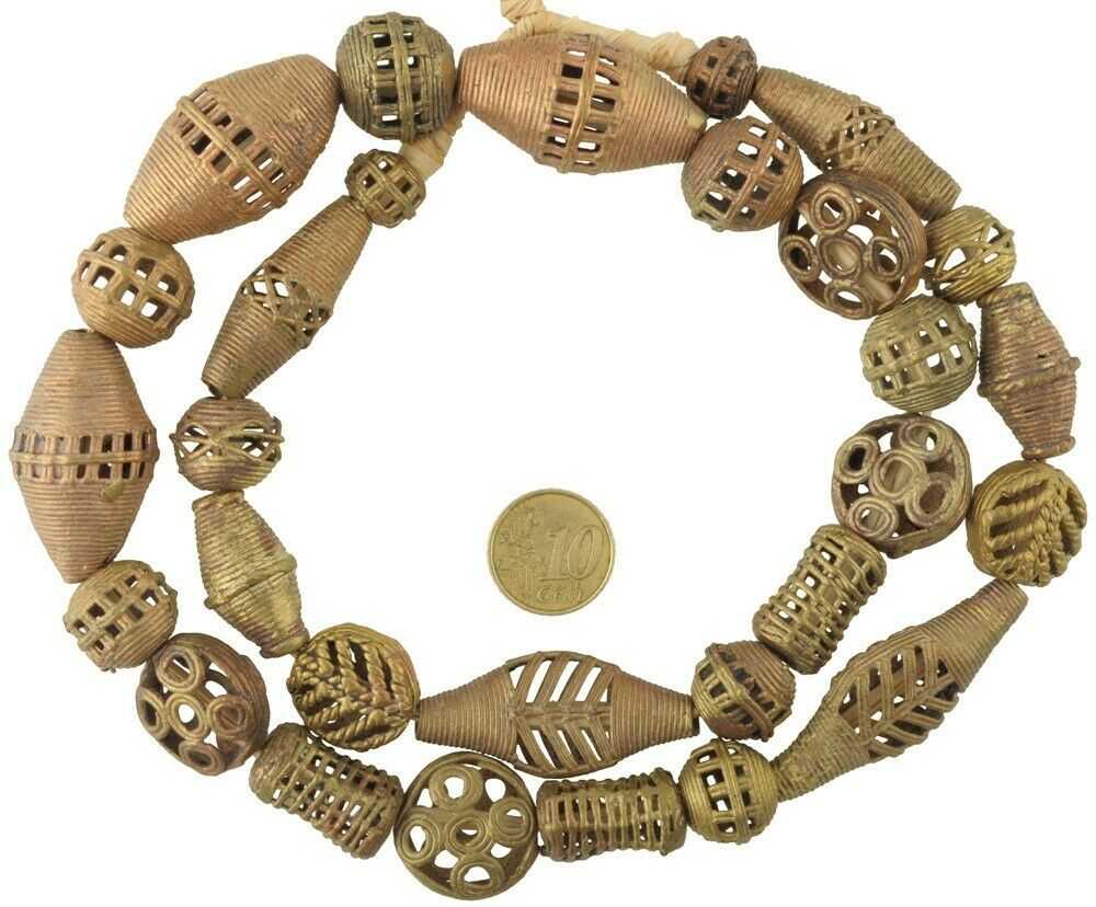 African trade brass beads handmade Ashanti Akan lost wax bronze casting necklace - Tribalgh