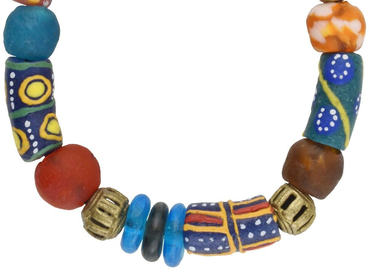 Handmade beads recycled glass Krobo Ashanti brass lost wax stretched bracelet - Tribalgh