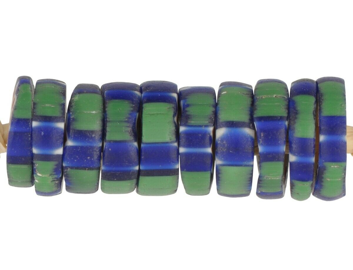 Antique beads chevron Venetian glass old African trade 4 layers green striped - Tribalgh