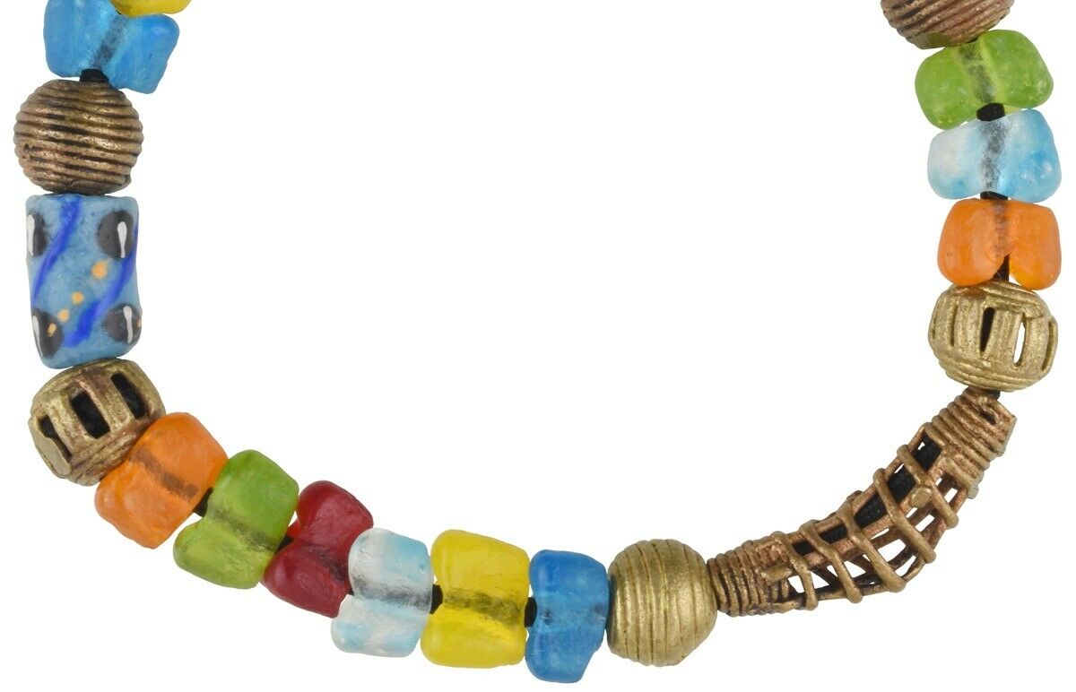 Handmade bracelet Krobo powder glass beads Ashanti brass African trade Ghana - Tribalgh