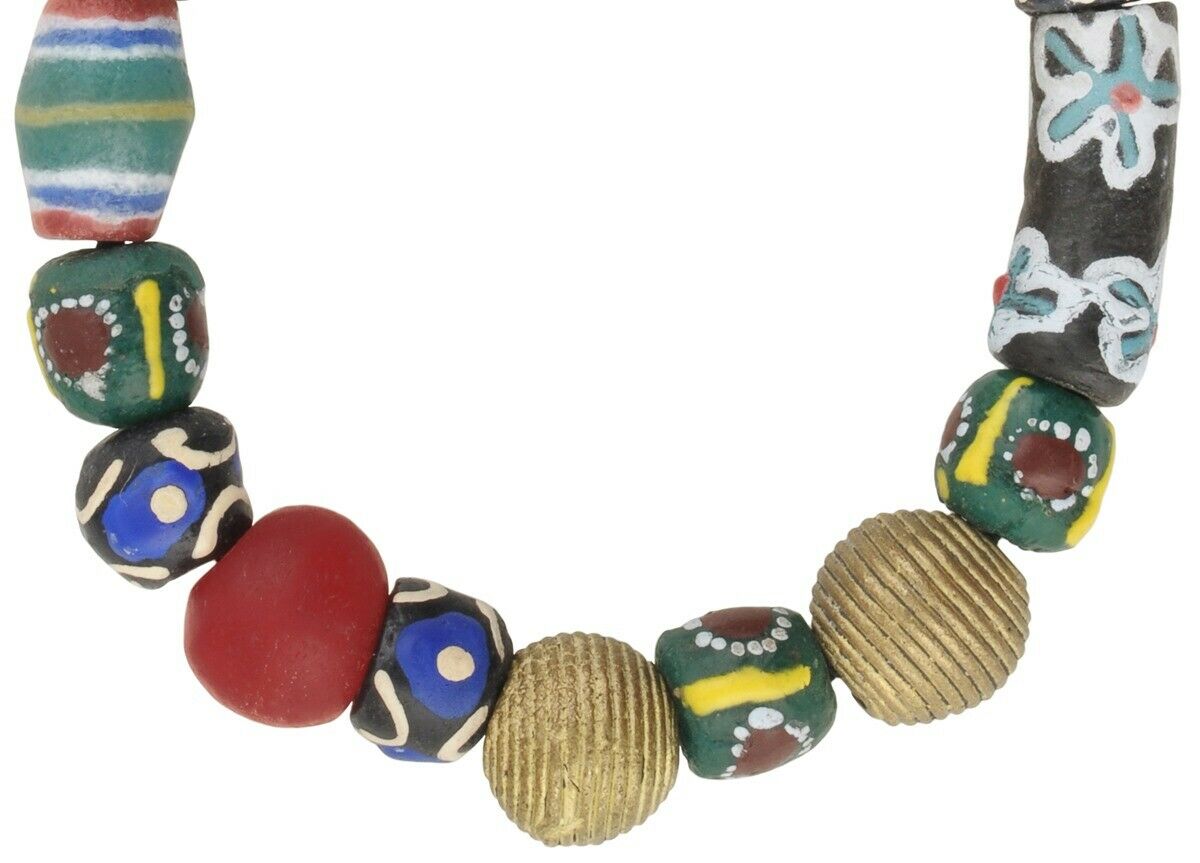Handmade beads recycled glass Krobo Ashanti brass lost wax bracelet stretched - Tribalgh