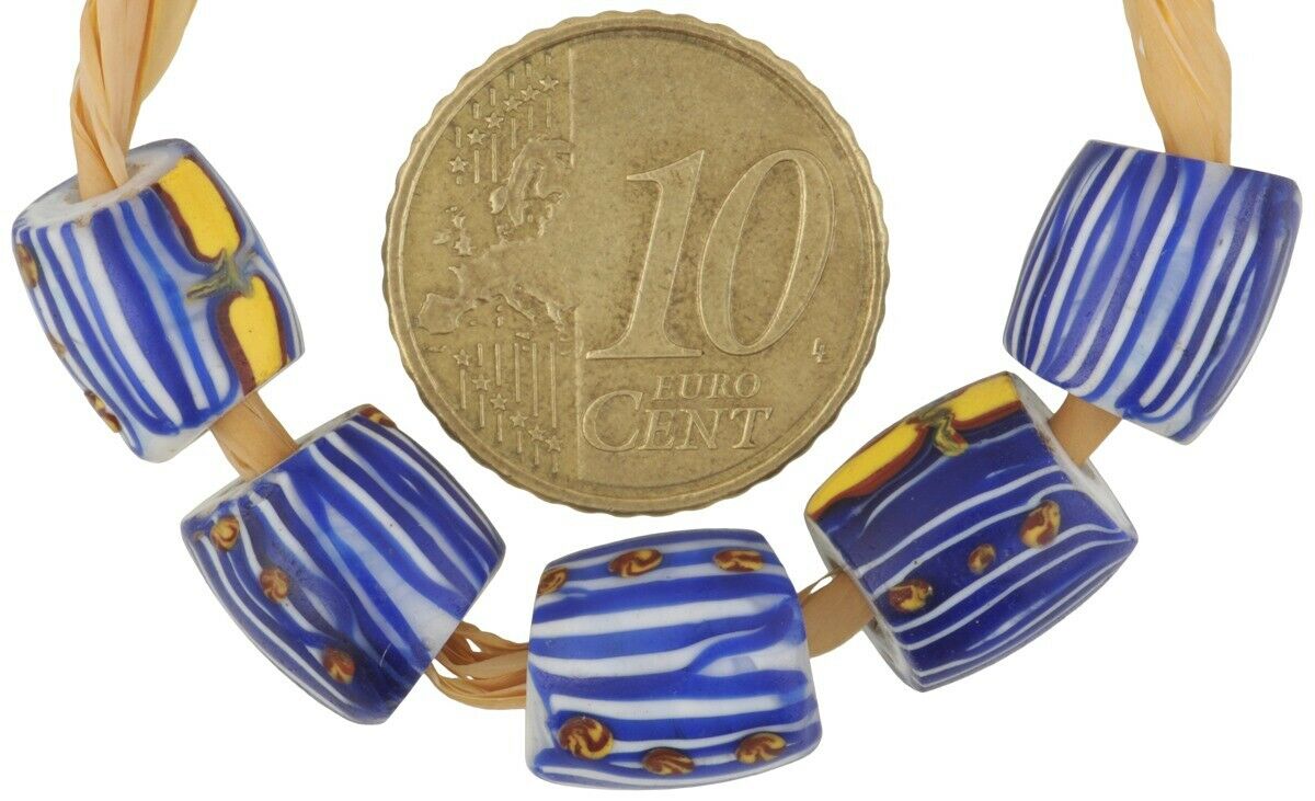 Antique African trade beads old Venetian glass lampwork wound blue oval Fancy - Tribalgh