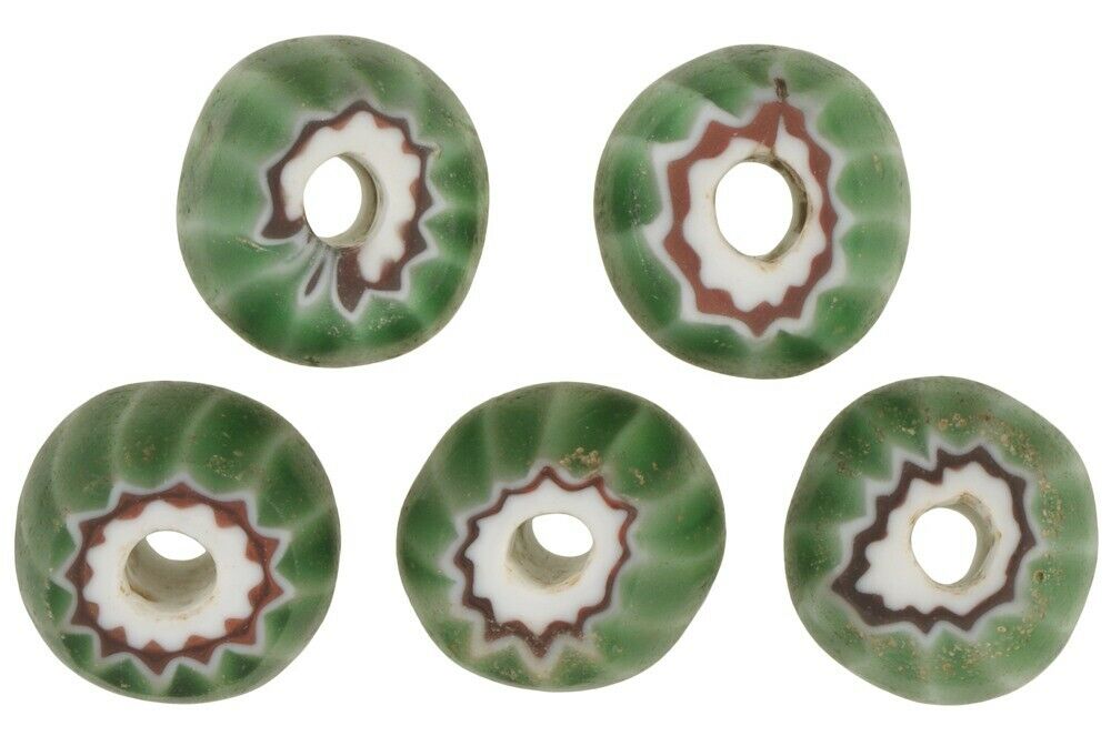 Old 4-L green chevron antique Venetian glass beads African trade - Tribalgh