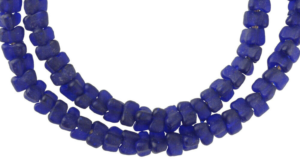 African Trade Beads Krobo Powder Glass Ghana Trade Cobalt Blue Flower Necklace - alternate view