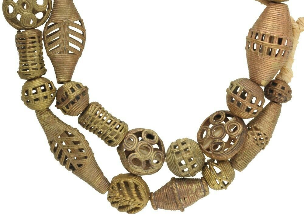African trade brass beads handmade Ashanti Akan lost wax bronze casting necklace - Tribalgh