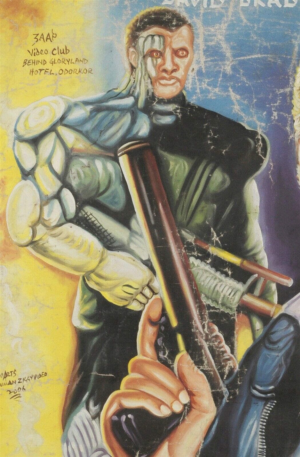 Affiche de cinéma de film art folklorique africain d'outsider peint à la main sac de farine Cyborg Cop - Tribalgh