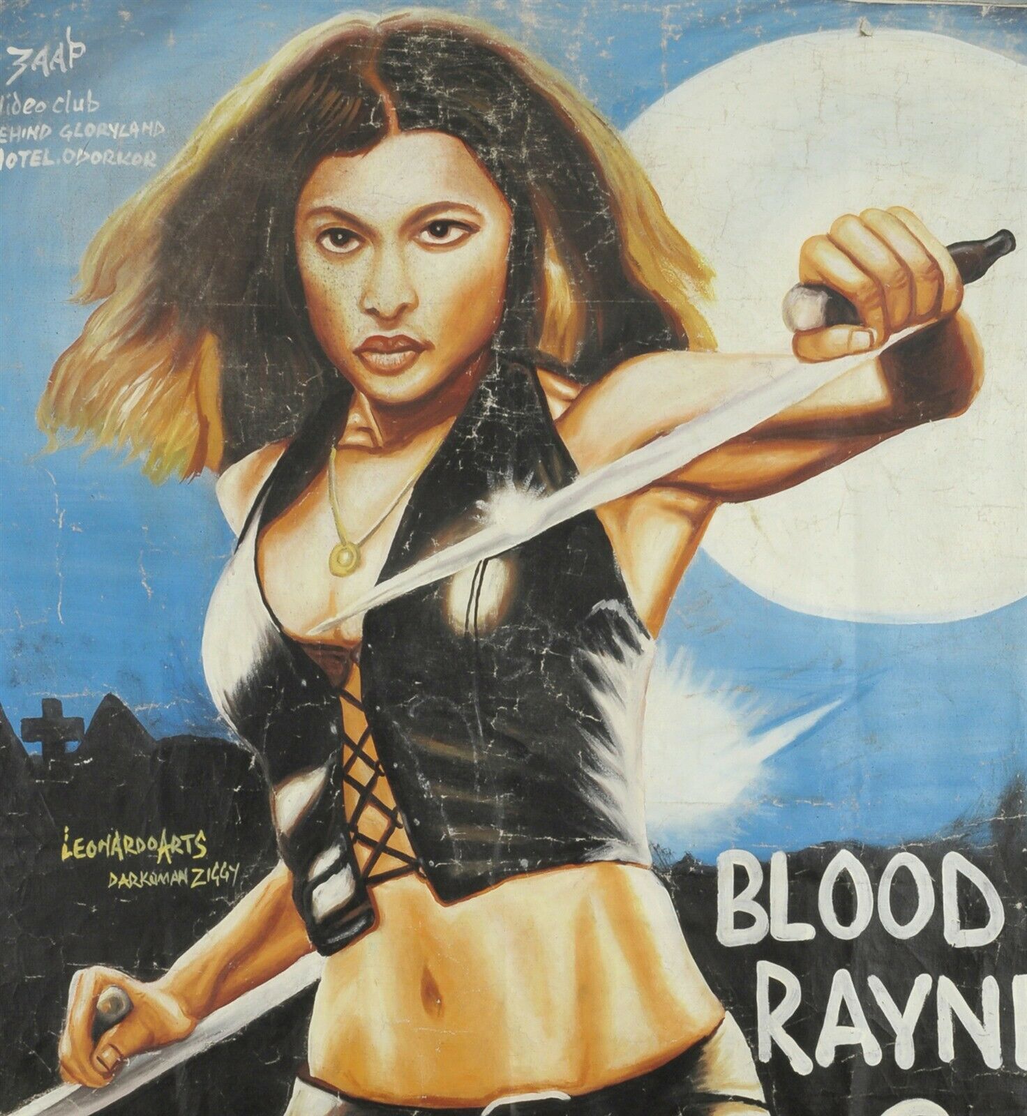 BLOODRAYNE 2 MOVIE POSTER HAND PAINTED IN GHANA ON RECYCLED FLOUR SACKS FOR THE LOCAL CINEMA DETAILS