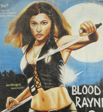 BLOODRAYNE 2 MOVIE POSTER HAND PAINTED IN GHANA ON RECYCLED FLOUR SACKS FOR THE LOCAL CINEMA DETAILS