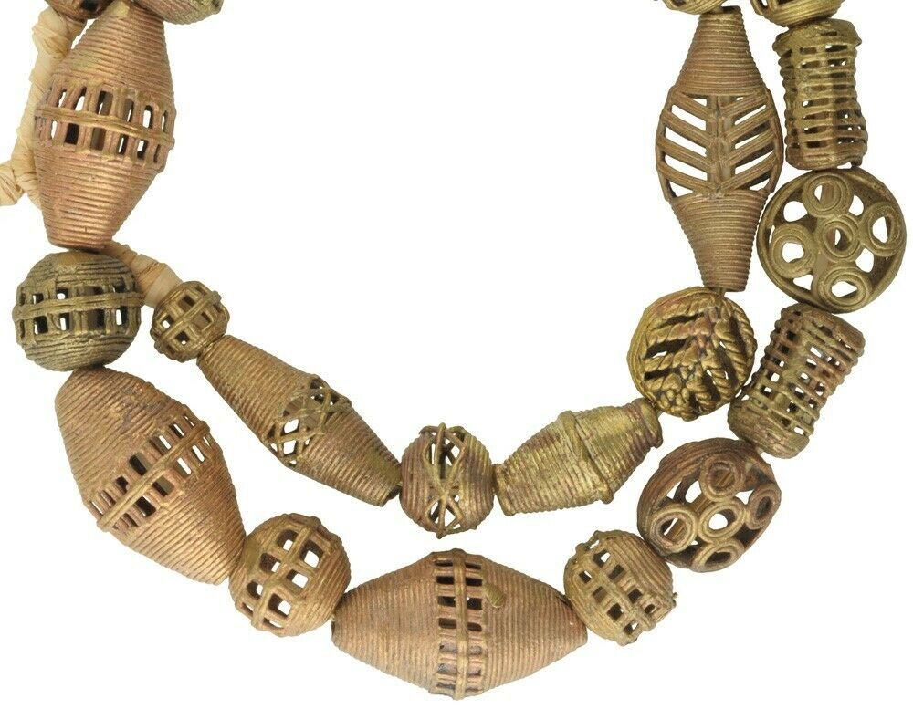 African trade brass beads handmade Ashanti Akan lost wax bronze casting necklace - Tribalgh