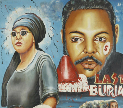 Kino-Filmplakat Ghana Afrikanische Kunst Handmalerei Sack Leinwand Kunst LETZTE BEERDIGUNG - Tribalgh