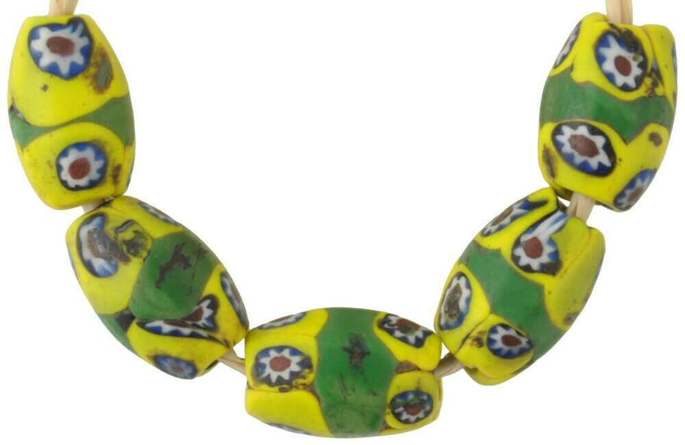 African trade beads antique oval millefiori Venetian glass banded Murano mosaic - Tribalgh