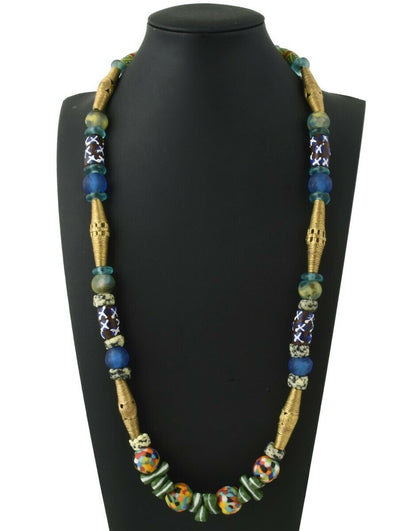 Handmade necklace brass recycled glass beads Krobo Ghana Ashanti African trade - Tribalgh