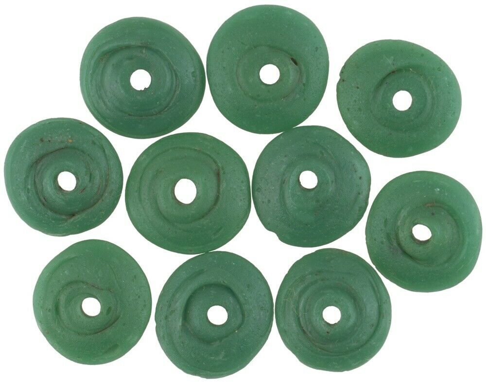 Viejos granos comerciales africanos discos verdes Perlas de vidrio veneciano espaciadores de murano Ghana - Tribalgh