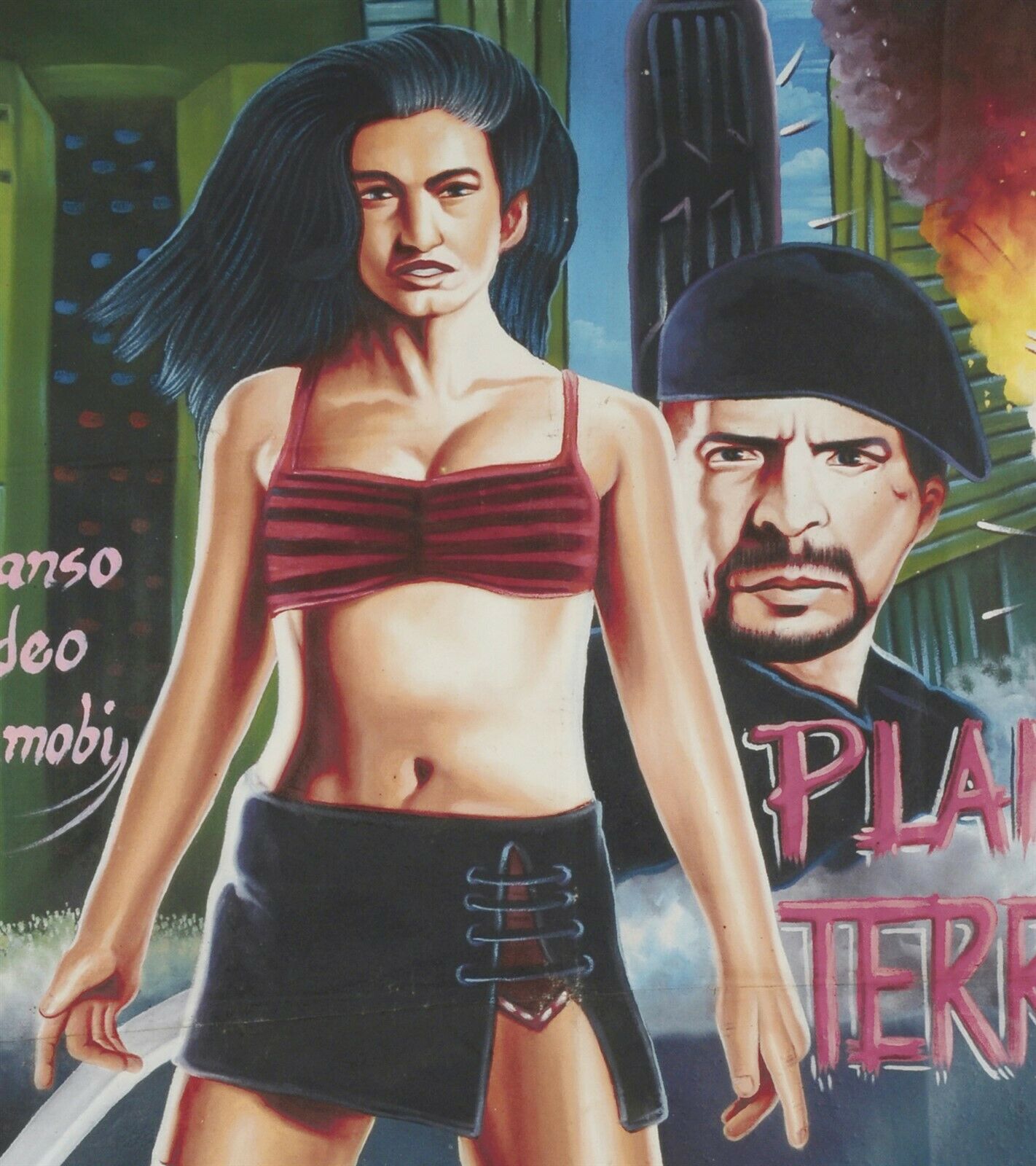 Movie cinema poster hand painted Ghana African flour sack painting Planet Terror - Tribalgh