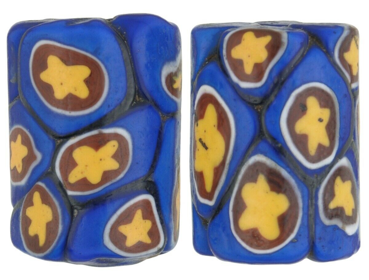 Antique African trade beads old Millefiori Venetian mosaic glass large pair rare - Tribalgh