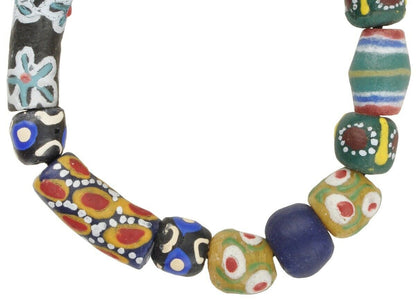 Handmade Beads Recycled Glass Krobo Ashanti Brass Lost Wax Bracelet Stretched - close-up