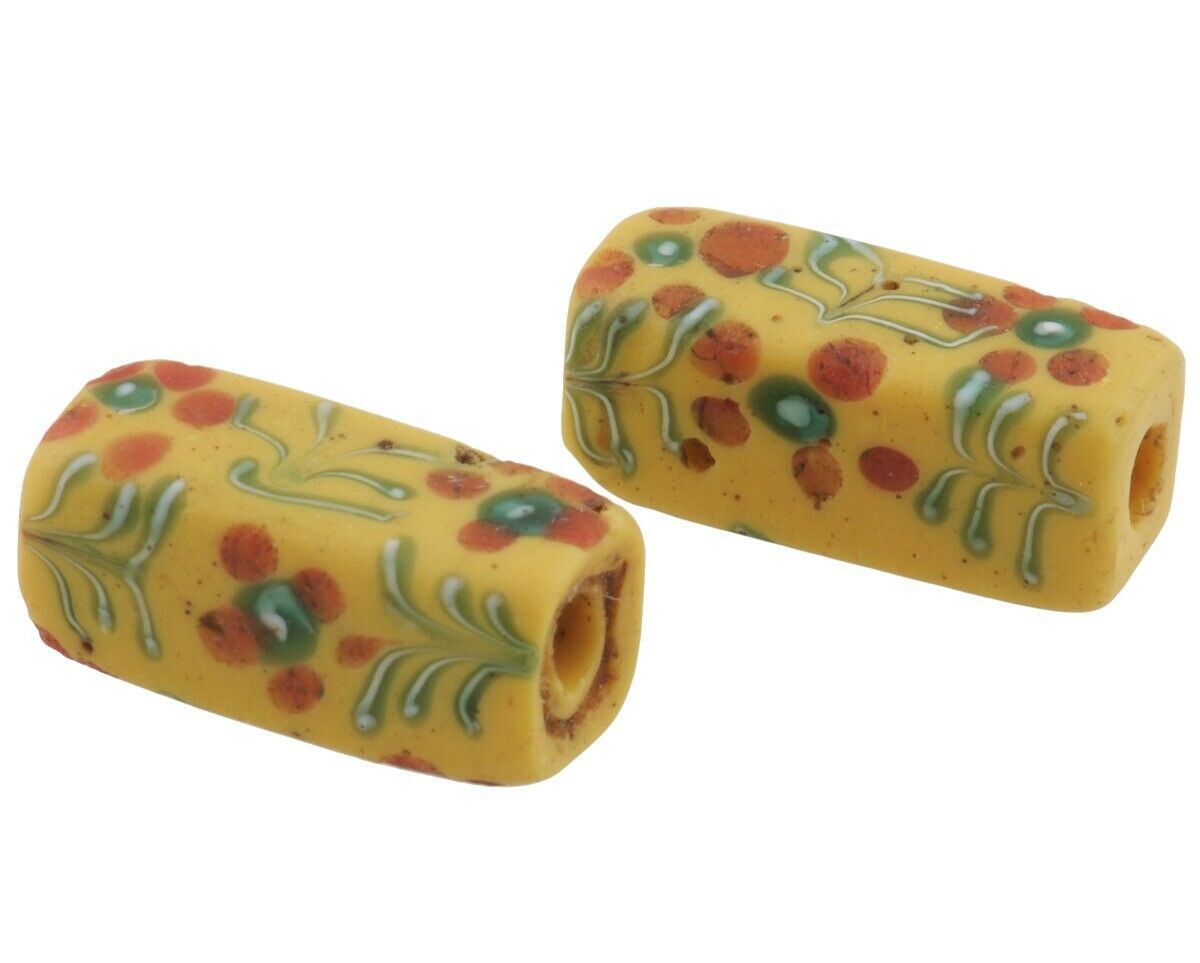 Antique African trade beads Venetian glass old Floral rectangular Fancy rare - Tribalgh
