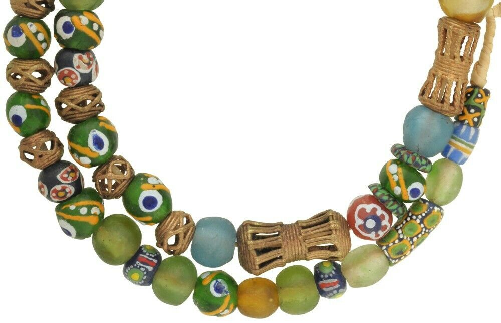 Krobo recycled powder glass beads brass handmade lost wax Ashanti African trade - Tribalgh