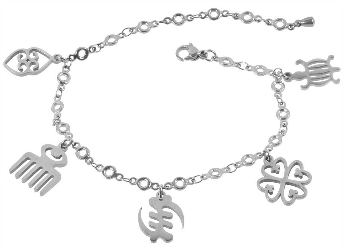 African Adinkra symbols stainless steel charm bracelet adjustable Ghana jewelry - Tribalgh