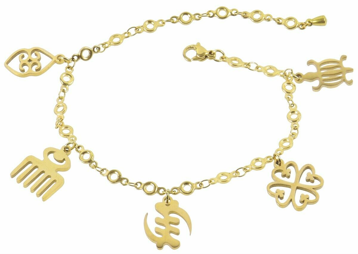 African Adinkra symbols stainless steel charm bracelet adjustable Ghana jewelry - Tribalgh