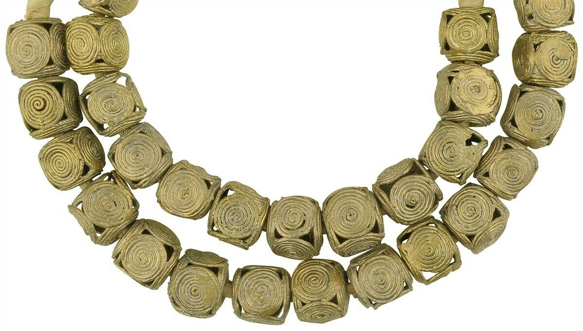 African handmade brass beads cubes lost wax Asante Ghana necklace - Tribalgh