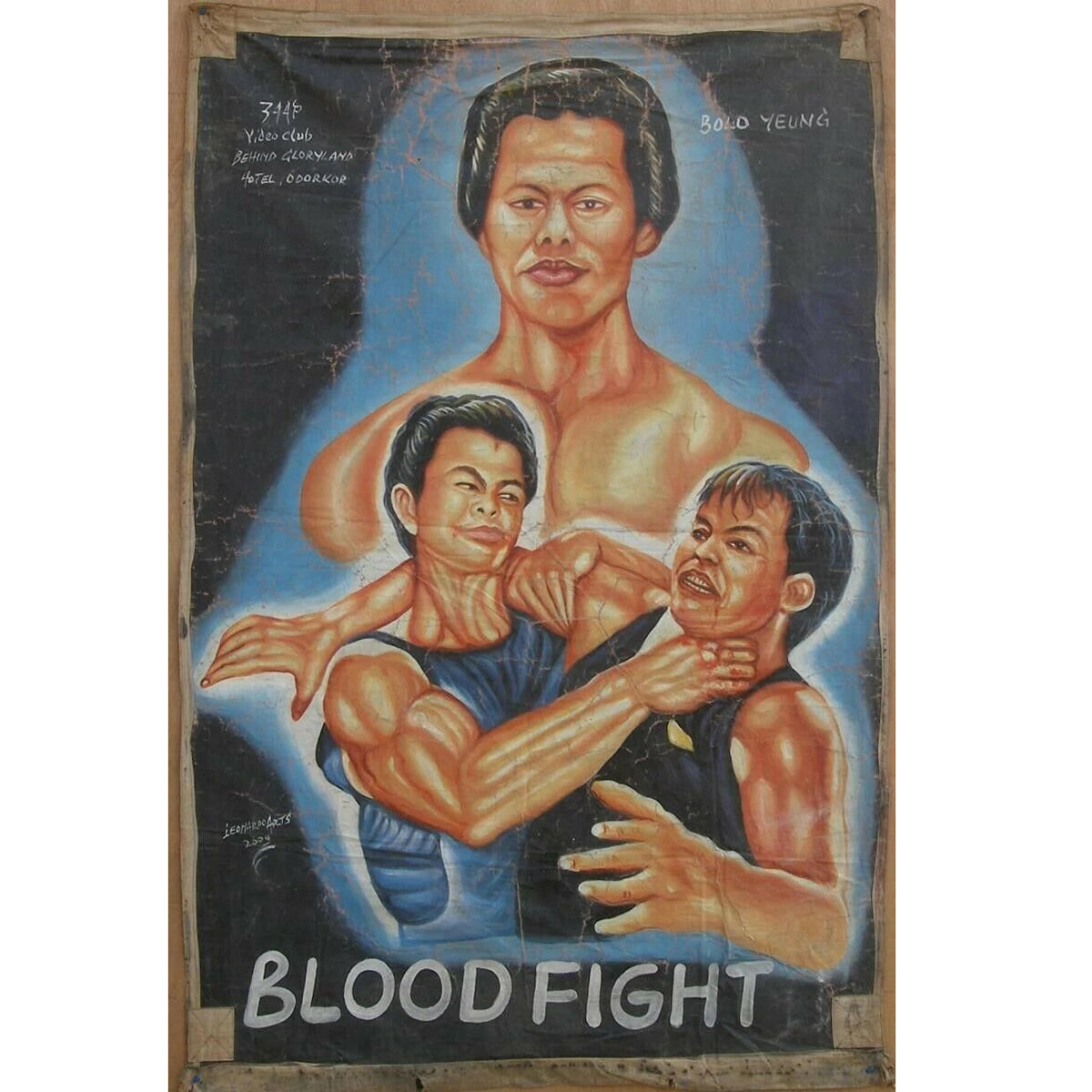 Ghana Cinema Movie poster African folk art hand painted flour sack BLOOD FIGHT - Tribalgh