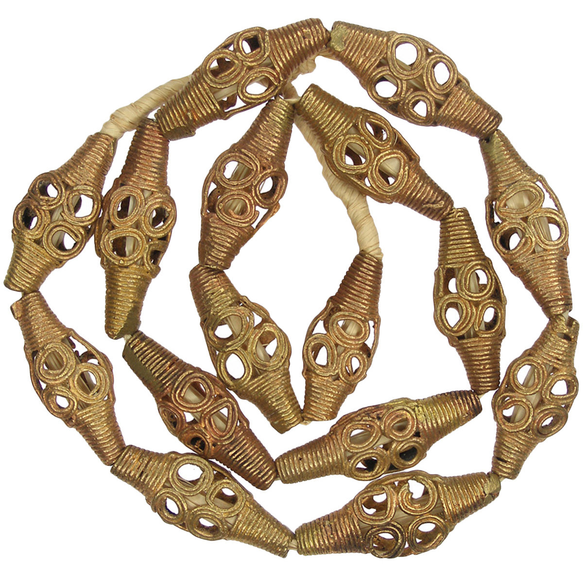 Brass beads bronze handmade lost wax Ashanti Akan Ghana trade necklace tabular - Tribalgh