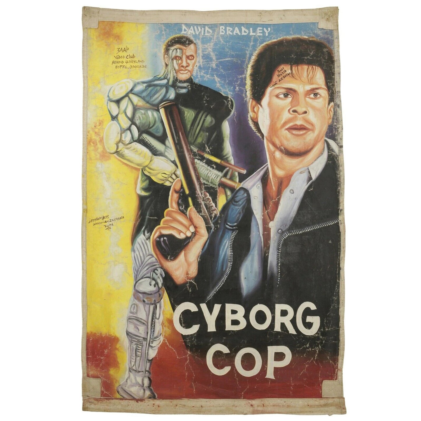 Affiche de cinéma de film art folklorique africain d'outsider peint à la main sac de farine Cyborg Cop - Tribalgh