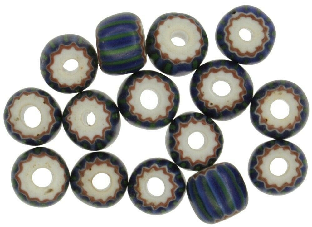 Antique African trade beads chevron Venetian glass 4L green striped - Tribalgh