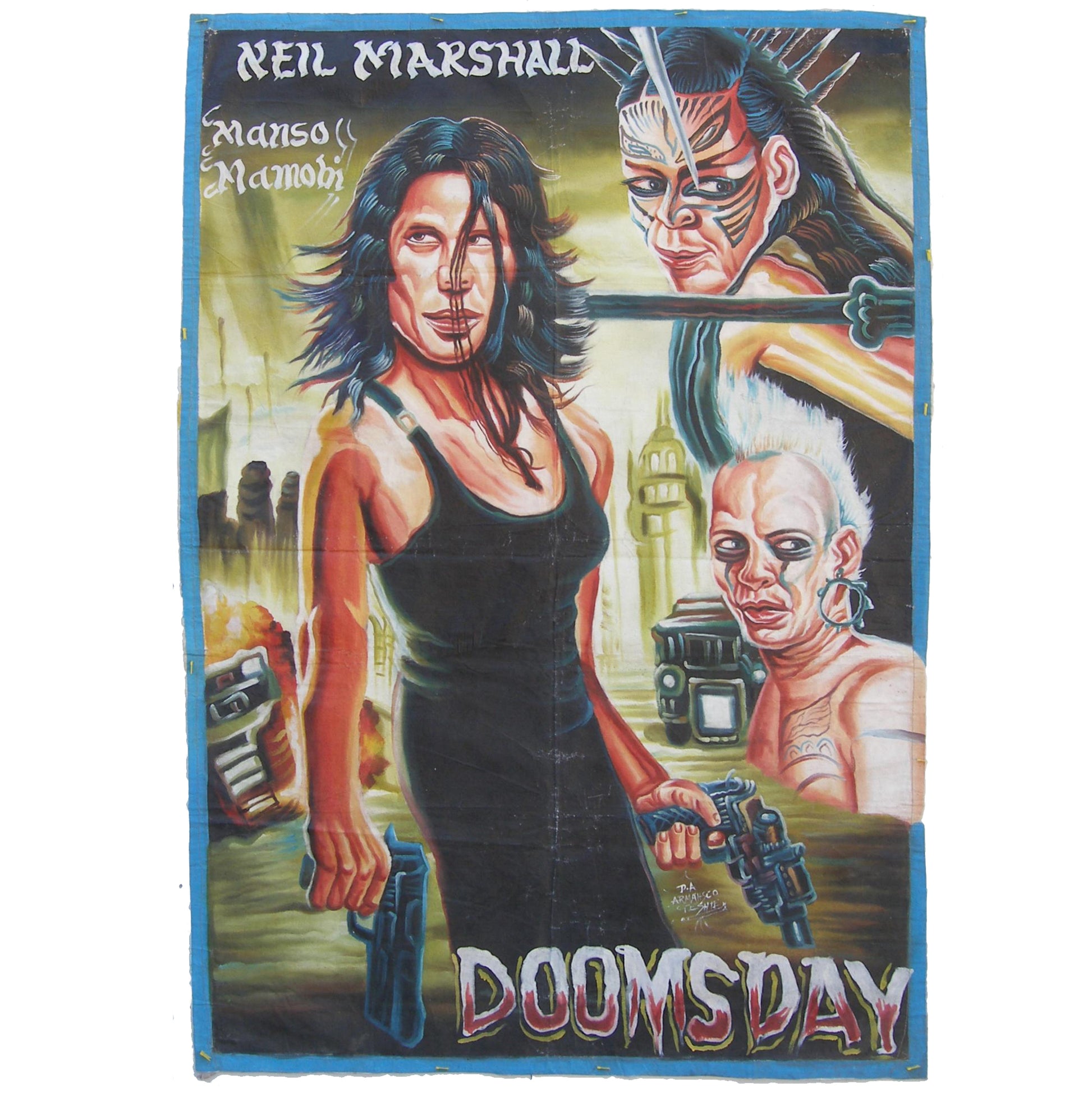 Doomsday movie poster hand painted in Ghana on recycled flour sacks for the local cinema film art