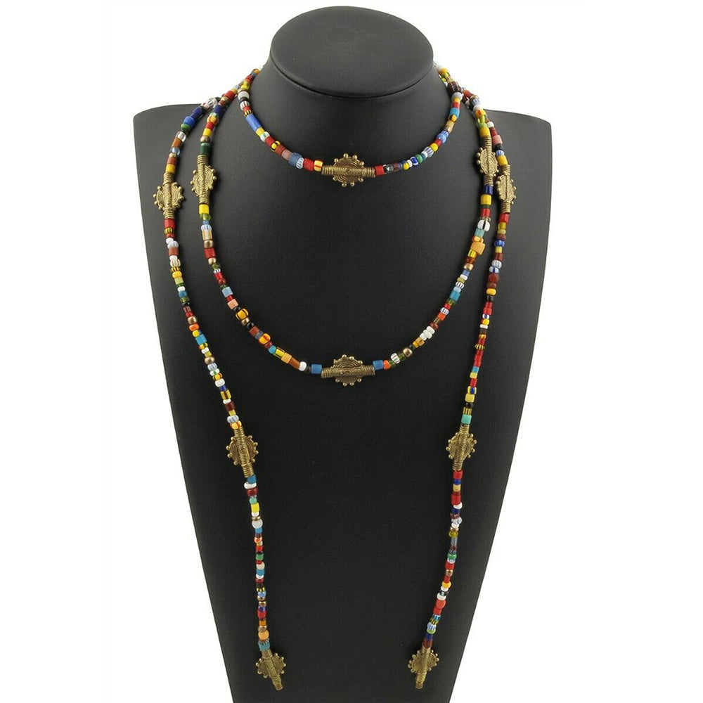 Old Christmas glass seed Beads LARIAT necklace African brass handmade jewelry - Tribalgh