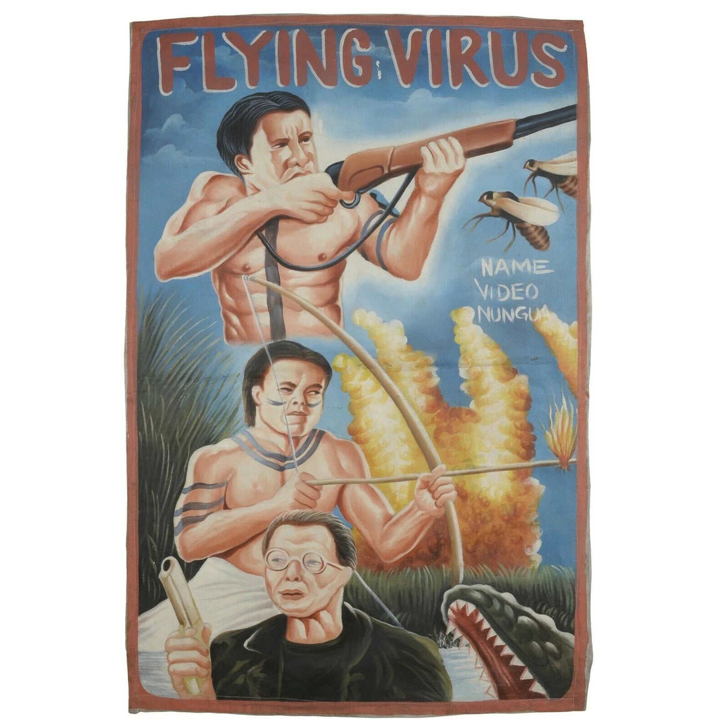 Hand painted Ghana movie cinema poster Flour sack canvas Art FLYING VIRUS - Tribalgh