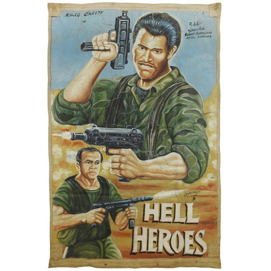 Ghana Cinema Movie poster African flour sack painted folk street art HELL HEROES - Tribalgh