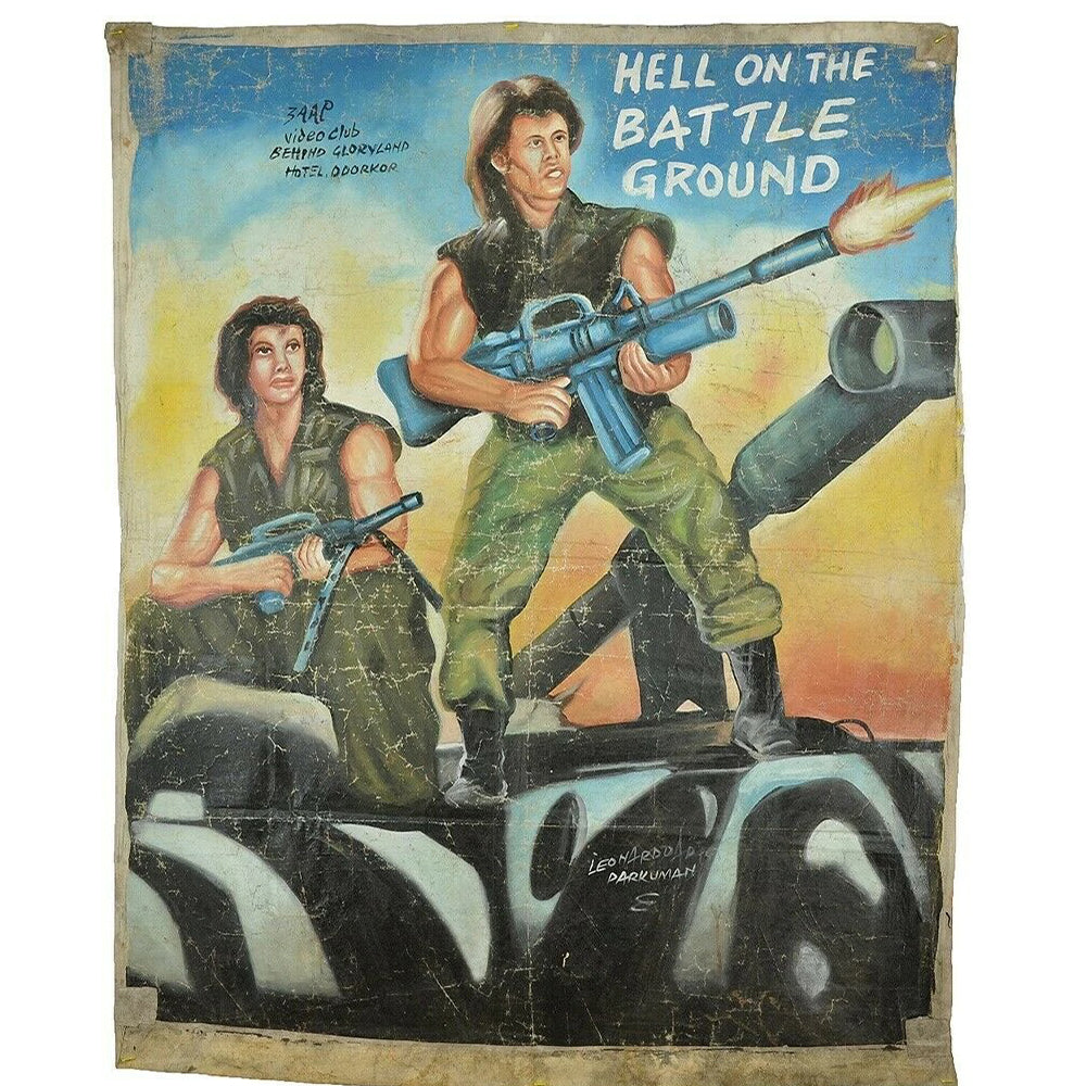 Hand painted Movie Cinema poster African Ghana flour sack HELL ON BATTLE GROUND - Tribalgh