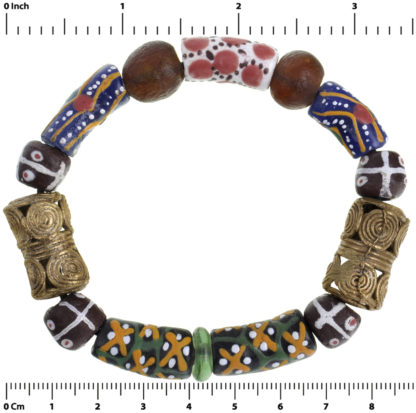 Handgefertigte recycelte Glasperlen Messing Wachsausschmelzverfahren Ashanti Krobo Armband Afrika Ghana - Tribalgh