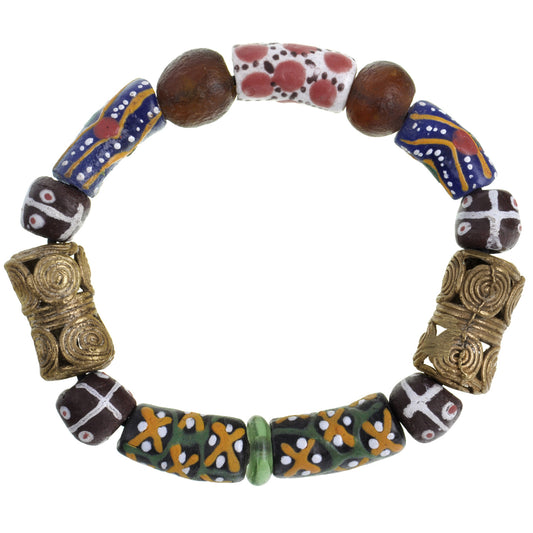 Handmade recycled glass beads brass lost wax Ashanti Krobo bracelet Africa Ghana - Tribalgh