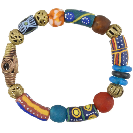 Handmade beads recycled glass Krobo Ashanti brass lost wax stretched bracelet - Tribalgh