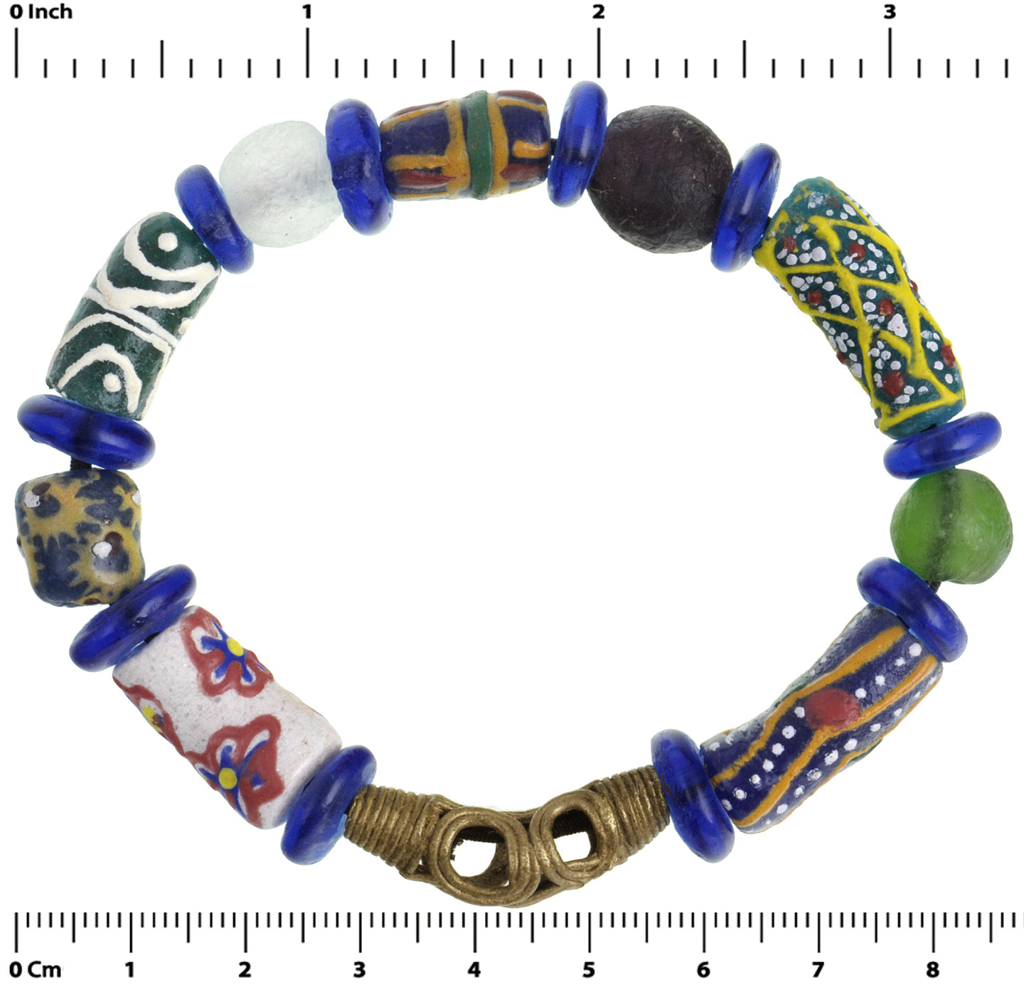 Handmade bracelet recycled glass beads brass lost wax ceremonial Ashanti Krobo - Tribalgh