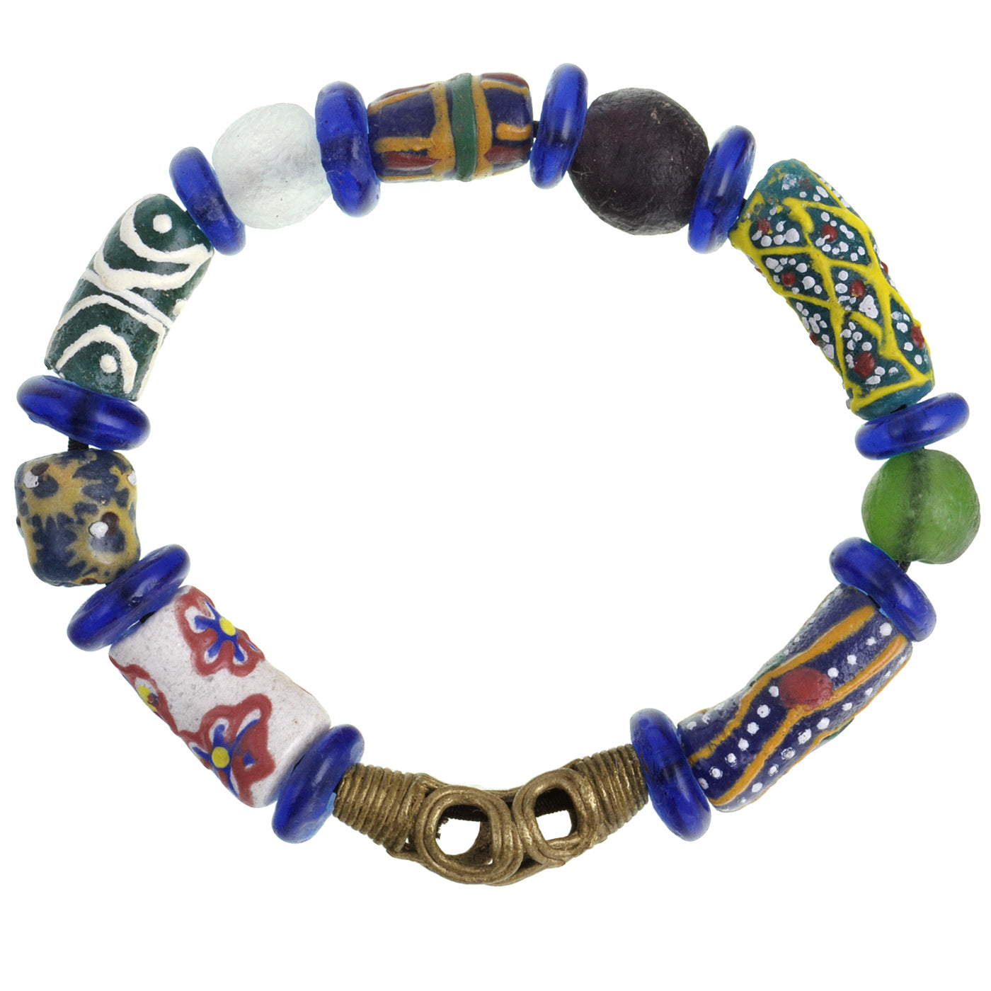 Pulsera hecha a mano con cuentas de vidrio reciclado latón ceremonial a la cera perdida Ashanti Krobo - Tribalgh