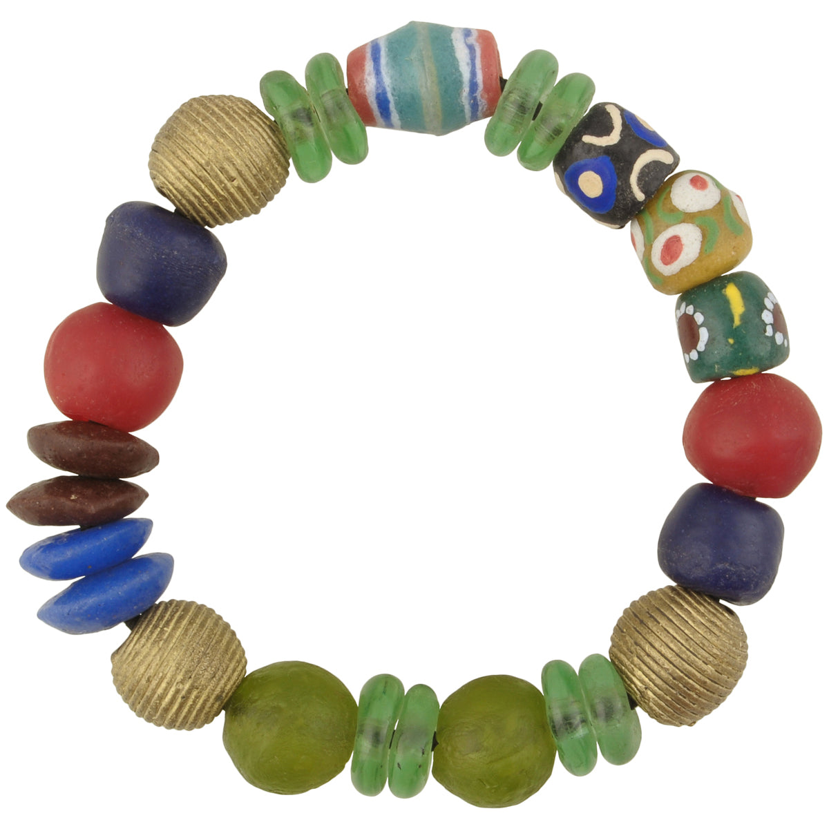 Recycled glass beads brass handmade African jewelry bracelet stretched Ghana - Tribalgh