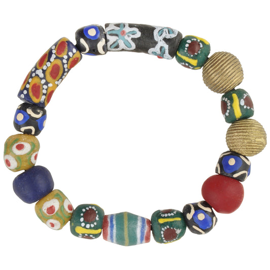 Handmade beads recycled glass Krobo Ashanti brass lost wax bracelet stretched - Tribalgh