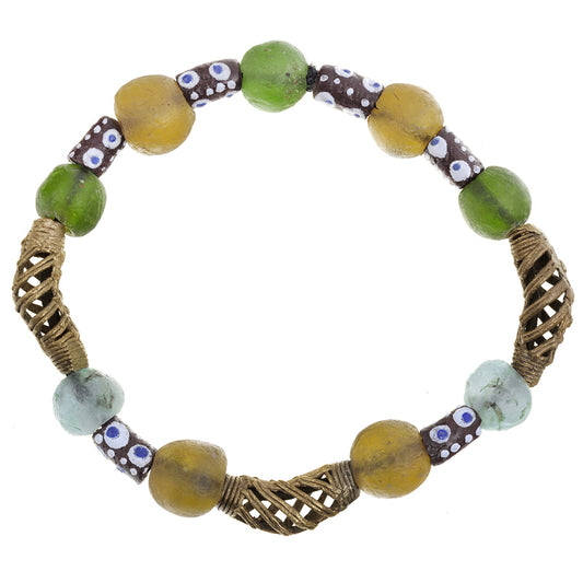 Powder glass brass handmade beads Ashanti lost wax Krobo tribal ethnic bracelet - Tribalgh